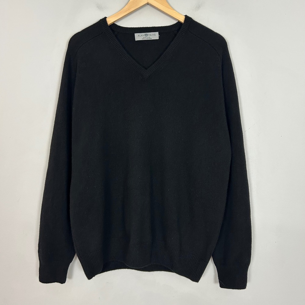 Alan Paine V-Neck Sweater Black 100% Cashmere England Size XL Men's